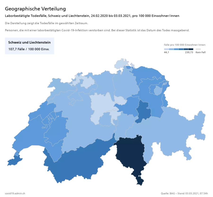 Laborbestätigte Todesfälle pro 100'000 Einwohner in der Schweiz seit dem Ausbruch der Pandemie.