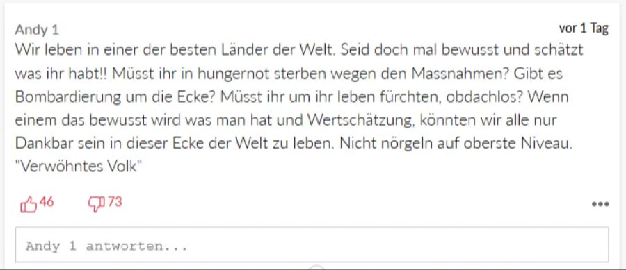 «Verwöhntes Volk»?: Ein User erinnert an die Vorzüge der Schweiz – trotz Corona-Massnahmen.