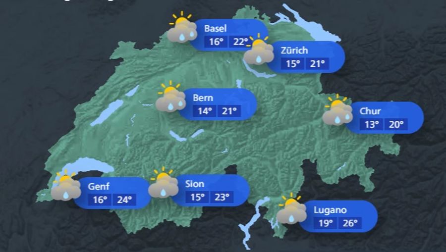 Graue Wolken und Regen zeigt auch die Prognose von MeteoSchweiz aktuell.