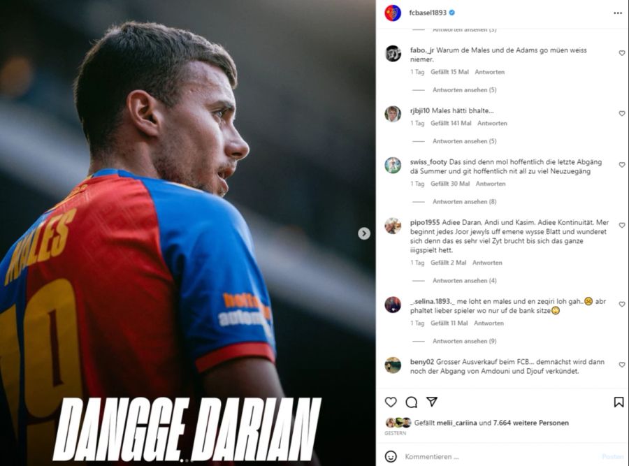 In den Kommentarspalten wünschen sich viele Fans des FC Basel den Verbleib von Darian Males.