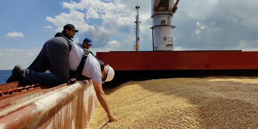 Inspekteure prüfen ein Frachtschiff mit Getreide in der Türkei