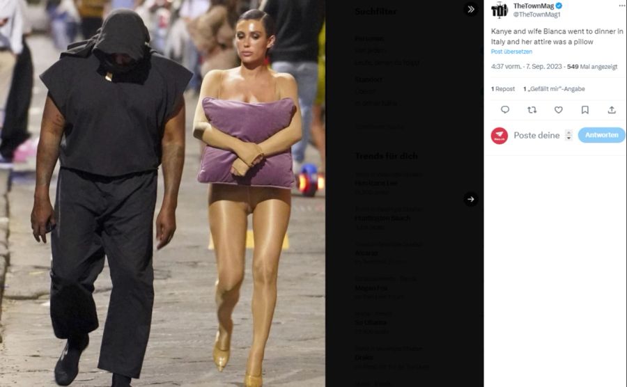 Kanye West und Ehefrau Bianca. Die 28-Jährige verdeckte ihren Busen und Bauch mit einem Kissen.