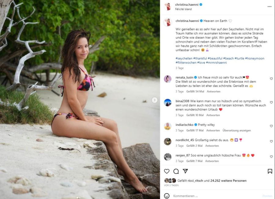 Christina Hänni posiert am Strand.