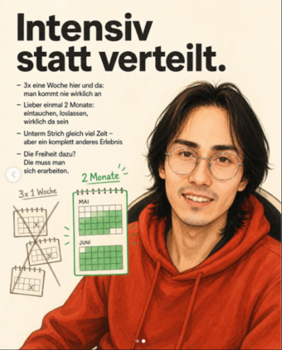 Dieses Jahr sind in seinem Kalender keine Ferien eingetragen. 2027 will er dafür wieder zwei Monate in die Ferien gehen.