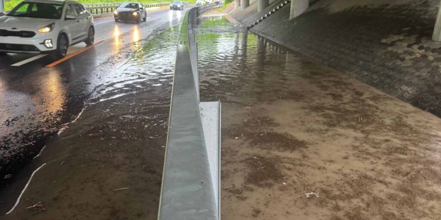 In einer Strassenunterführung der Autobahn A4 bei Rotkreuz sammelte sich am Dienstagnachmittag aufgrund des starken Regens eine erhebliche Menge Wasser an.