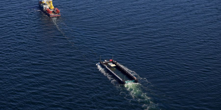 Der Buckelwal wird in seiner Barge vom Schlepper Fortuna B entlang der dänischen Küste in Höhe Aarhus in Richtung Nordsee durch die Ostsee gezogen, die Robin Hood begleitet den Konvo...
