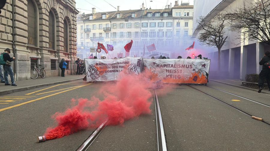 Die Demo ist losgezogen. Es werden Rauchpetarden gezündet.