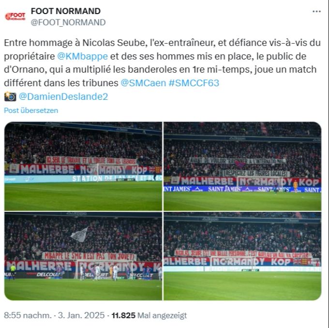 Die Fans von Caen halten mehrere Banner gegen Kylian Mbappé hoch. Kylian Mbappé