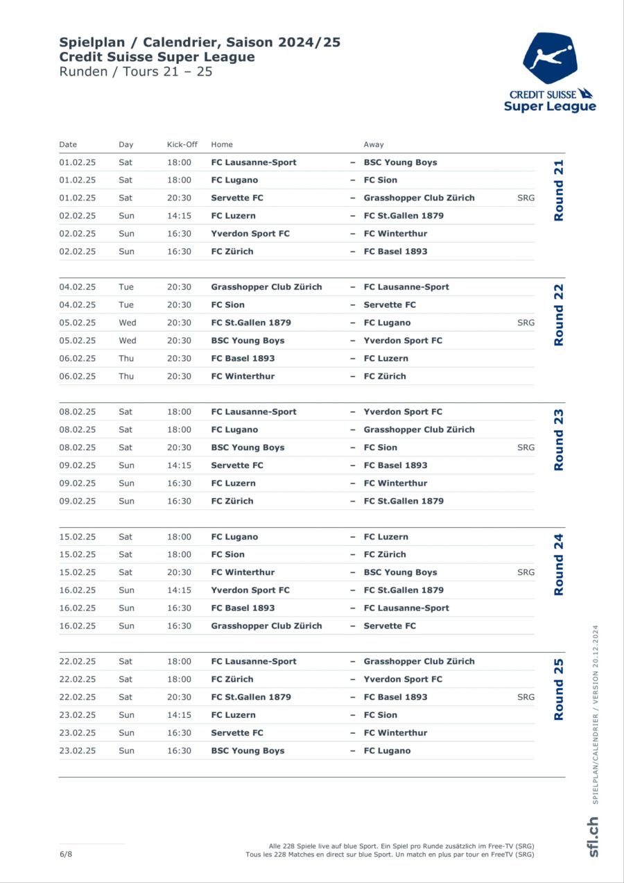 Die Super League hat den Spielplan bis Runde 33 angesetzt.