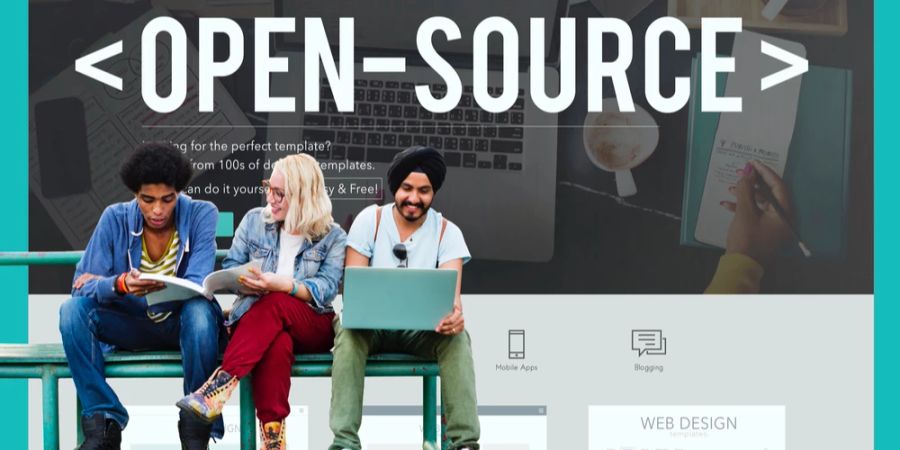 Junge Menschen Parkbank Schriftzug Open Source Laptop