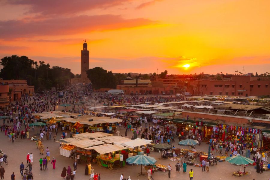 Jamaa el Fna, Marrakesch, Marokko, Sonnenuntergang