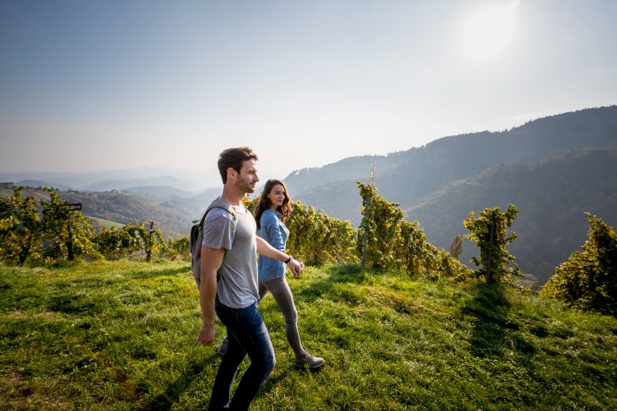 In der Südsteiermark gibt es traumhafte und aussichtsreiche Wanderungen entlang der Weinberge.