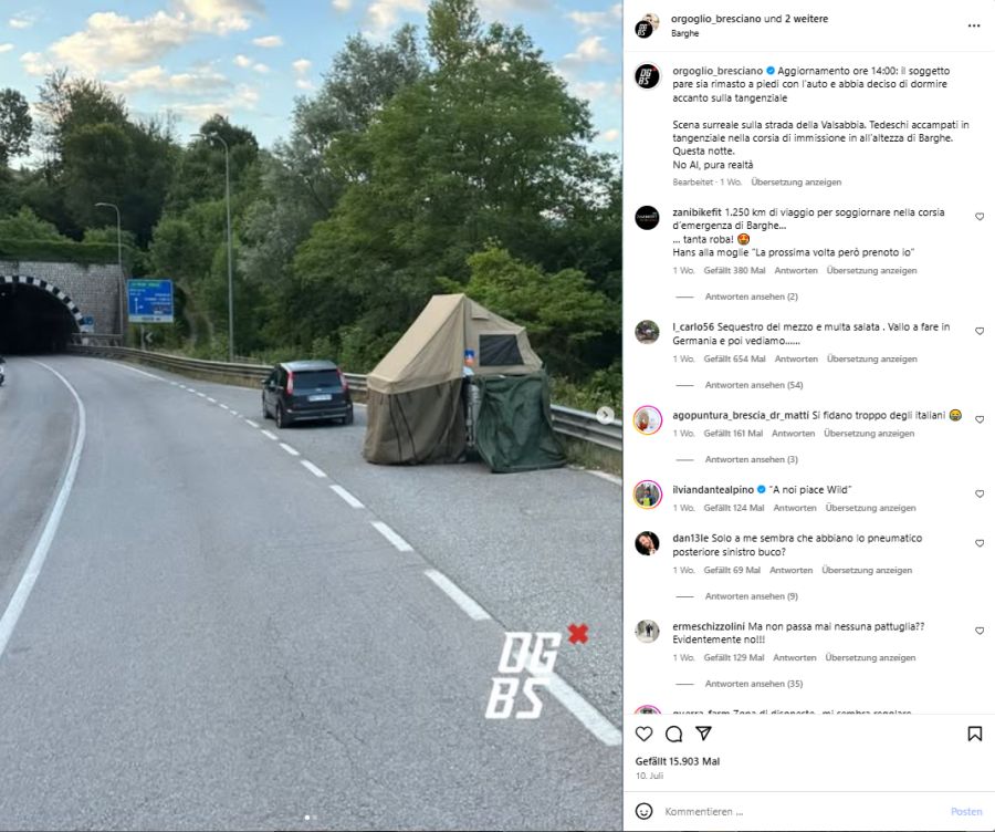 Ein deutscher Tourist stellte sein Zelt direkt an der Strasse auf.