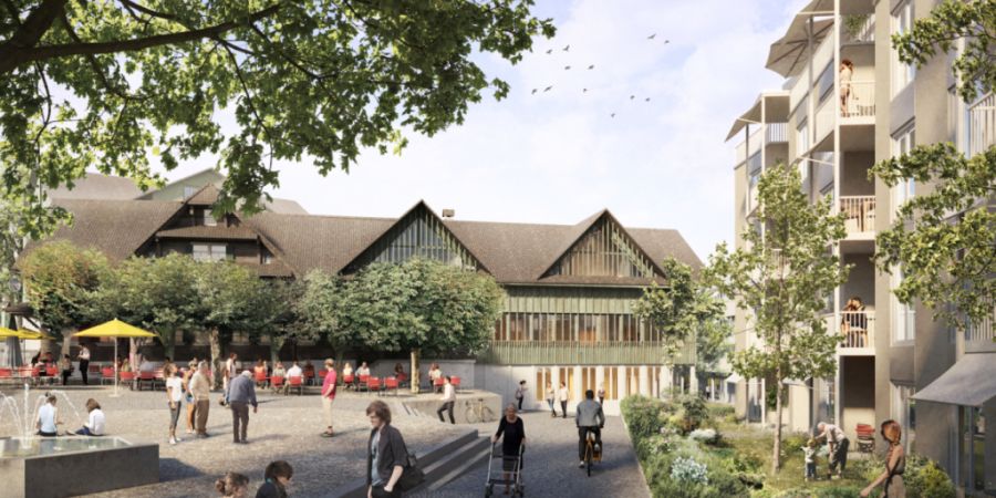 Blick vom heutigen Buchrainer Gemeindehaus auf den Adlergarten mit Wasserbecken und Wohngebäude auf der rechten Seite. (Visualisierung)