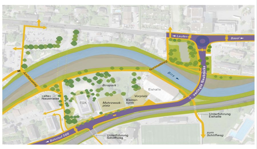 So würde sich das Ortsbild gestalten bei einer Verlegung der Naubrücke. Diese sowie die neue Naustrasse sind violett markiert.
