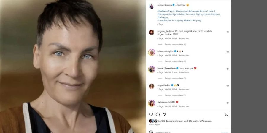 Nadia Brönimann zeigte sich zuletzt mit kurzen Haaren auf Instagram. Dies soll aber nicht der erste Schritt in ihrem Detransitionsprozess gewesen sein.