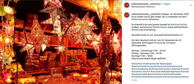 Festliche Weihnachtsdekoration am Weihnachtsmarkt Winterthur. WEihnachtsmarktdeko