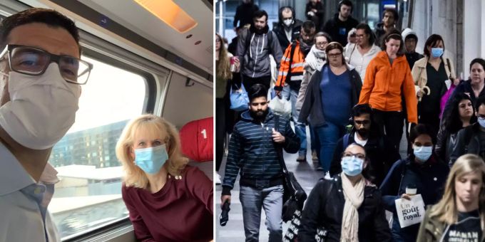 Links: Angelo Barrile und Priska Seiler-Graf (beide SP) im Zug mit Schutzmaske. Rechts: Pendler am Bahnhof von Lausanne in Zeiten des Coronavirus. Angelo Barrile SP Coronavirus