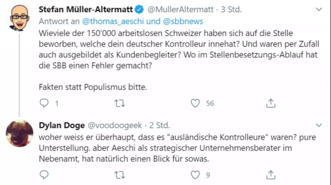 Antworten auf die Vorhaltungen von Thomas Aeschi au Twitter von CVP-Nationalrat Stefan Müller-Altermatt und einem flamboyanten Hundeliebhaber. Stefan Müller-Altermatt Tweet