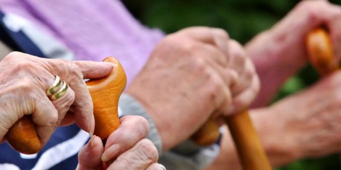 Seniorinnen mit Gehstöcken. Seniorin