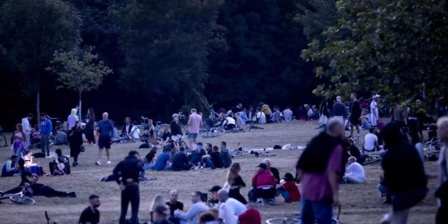 Menschen sitzen nachts im Volkspark Hasenheide auf einer Wiese. Foto: Christoph Soeder/dpa