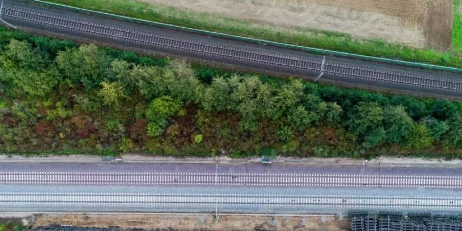 Arbeiter zerlegen mit einem Bagger alte Bahnschienen während der Sanierung der ICE-Trasse Hannover-Göttingen bei Sorsum im Landkreis Hildesheim. Für die Sanierung der ICE-Strecke von Hannover bis Göttingen hat die Deutsche Bahn 175 Millionen Euro veranschlagt. Foto: Julian Stratenschulte/dpa