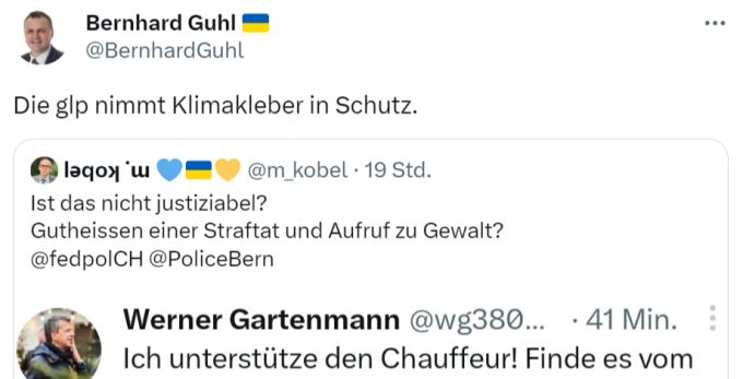 Nur in Sachen «Ukraine» einig: Mitte-Politiker Bernhard Guhl schiesst scharf gegen das scharfe Geschütz der Grünliberalen gegen SVPler Werner Gartenmann. KLlimakleber Bernhard Guhl
