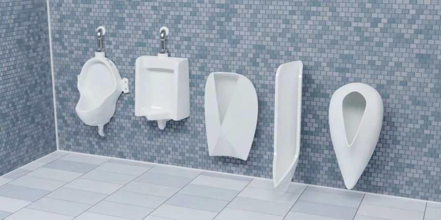 Bei Urinalen mit traditionellem Design (1. und 2.v.l) geht meist viel daneben. Die von Forschern entworfenen Urinale (1.,2. und 3.v.r.) sollen das weitgehend verhindern.