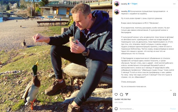 Alexej Nawalny gibt auf Instagram ein Update zu seiner Verlegung. nawalny