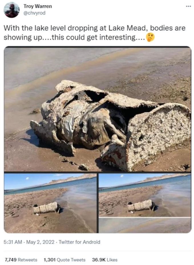 Wegen niedriger Wasserstände im Lake Mead wurde ein Fass mit einem Jahrzehnte alten Leichnam gefunden. Lake Mead