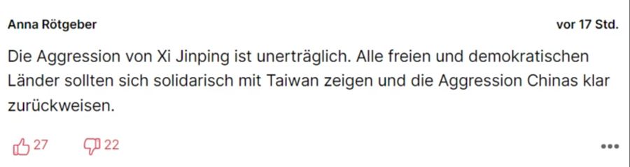 Nau.ch-Leser fordern Solidarität mit Taiwan nach dem Pelosi-Besuch.