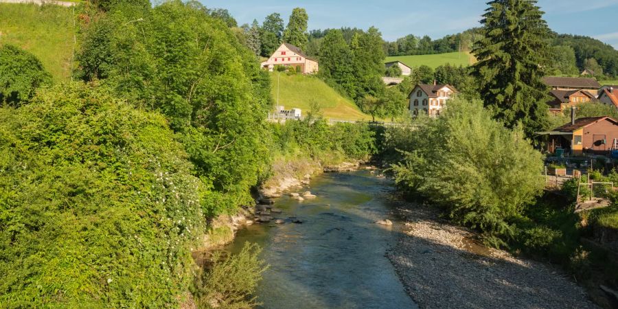 Blick auf den Fluss Necker im Neckertal Toggenburg.