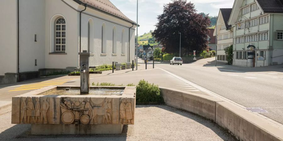 Dorfstrasse in Waldstatt mit Dorfbrunnen.