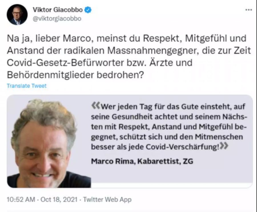 Viktor Giacobbo nervt sich über Marco Rimas Aussage.