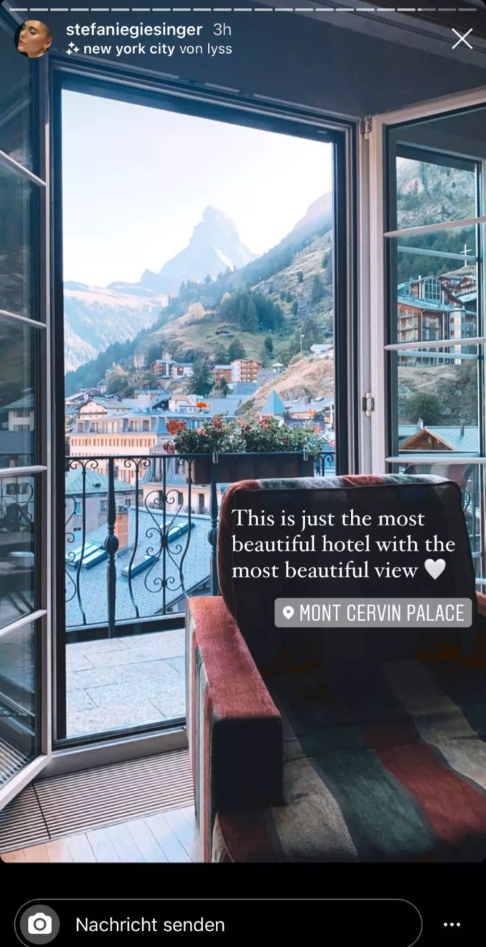 In einer Instagram-Story hat Stefanie Giesinger das Mont Cervin Palace als «das allerschönste Hotel mit der allerschönsten Aussicht» bezeichnet. Influencer Zermatt Hotel