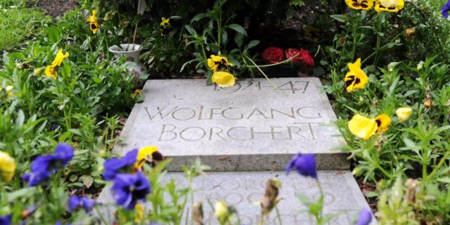 Blumen liegen auf dem Grab des Schriftstellers Wolfgang Borchert auf dem Friedhof Ohlsdorf in Hamburg. Foto: picture alliance / dpa