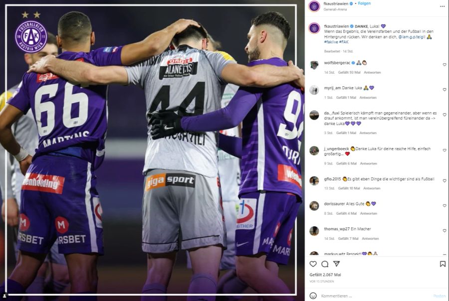 Austria Wien bedankt sich mit einem Insta-Post bei Luka Lochoshvili.