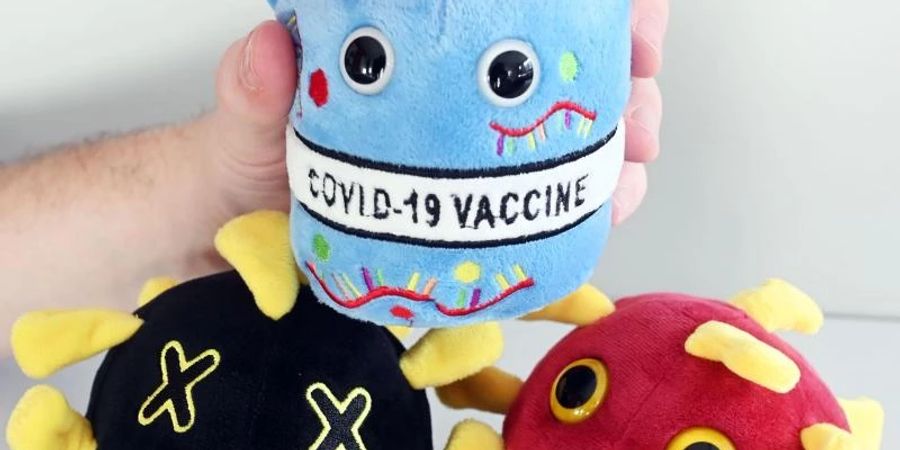 Auf der linken Seite ein Totes Covid, auf der rechten Seite ein Covid-19 Virus und oben ein Covid-19 Impfstoff aus Plüsch. Foto: Uli Deck/dpa