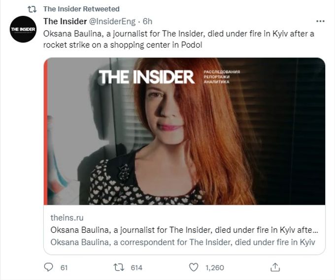 The Insider gibt den Tod seiner Journalistin im Ukraine-Krieg bekannt. Ukraine Krieg