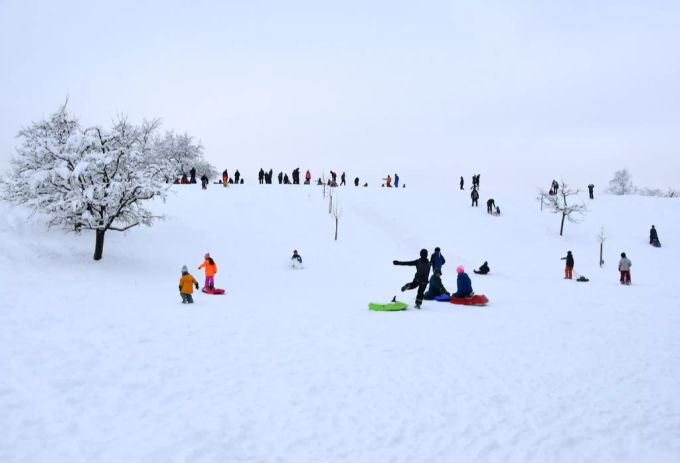 Kinder schlitteln beim Aussichtspunkt im Irchelpark, am Samstag, 16. Januar 2021, in Zürich. schlitteln