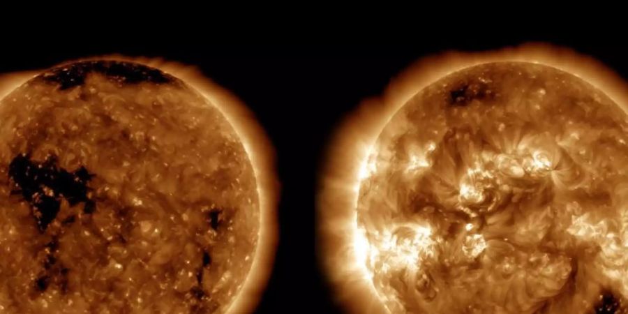Aufnahmen der Sonne in einem Aktivitätsminimum (links, Oktober 2019) und bei einem Aktivitätsmaximum (rechts, April 2014). Foto: Joy Ng/NASA's Solar Dynamics Observatory/dpa