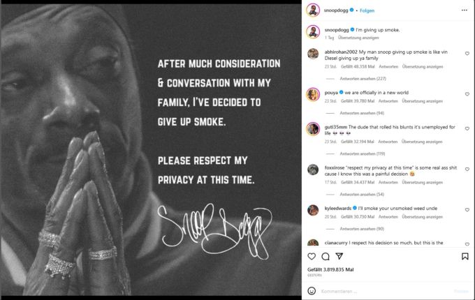 Snoop Dogg will mit dem Rauchen von Marihuana aufhören. snoop dogg rauchen