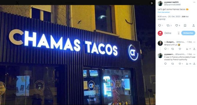 Über dem Laden prangte die Aufschrift «Hamas Tacos». Hamas Tacos