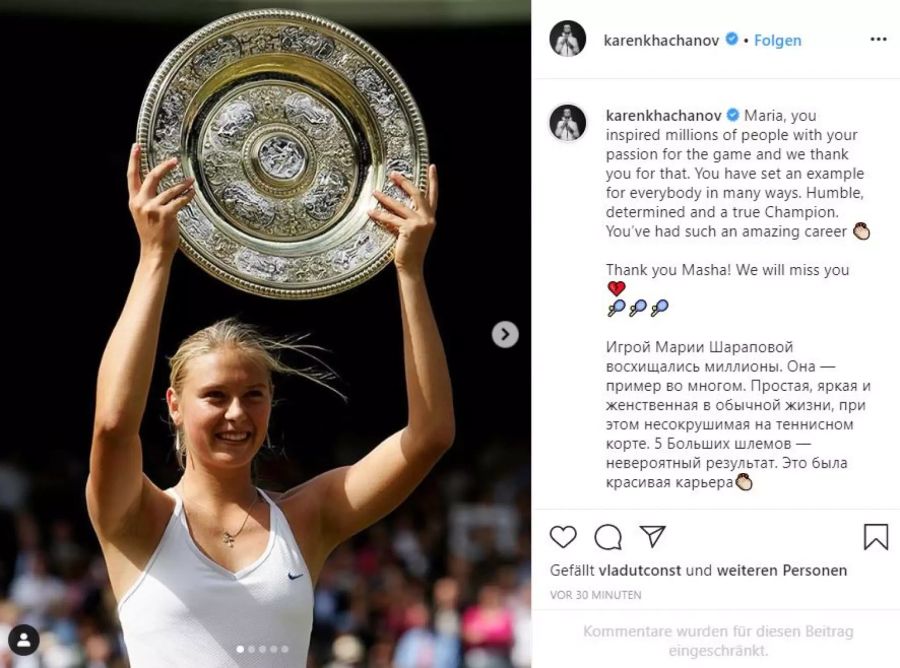 Landsmann Karen Chatschanow (ATP 17) veröffentlicht zu Ehren von Sharapova eine Bildstrecke.