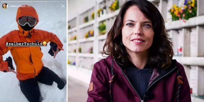 Mona Vetsch schaute wegen einem «Instafilmli» nicht auf die Piste und landete im Schneeloch. Mona Vetsch SRF