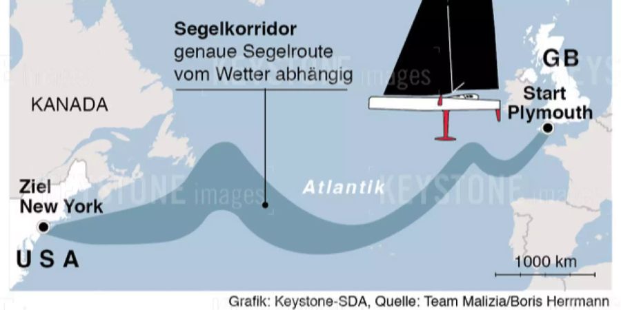 Karte zur geplanten Atlantik-Überquerung von Greta Thunberg von Plymouth nach New York.