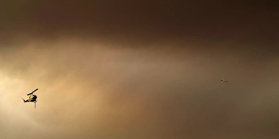 Ein Flugzeug und Hubschrauber unterstützen die Löscharbeiten in der Region Vilia aus der Luft. Nach tagelangen Kämpfen gegen die Flammen haben Feuerwehrwehrleute einen grossen Waldbrand im Westen Athens teils unter Kontrolle gebracht. Das teilte ein Sprecher des Gouverneurs der Region mit. Foto: Thanassis Stavrakis/AP/dpa