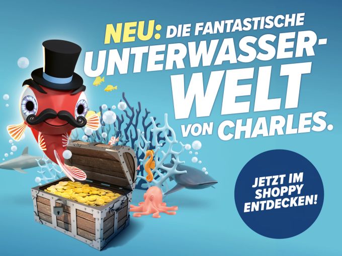 Fisch Charles wartet auf Entdeckerinnen und Entdecker. Migros Shoppyland Charles Aquarium