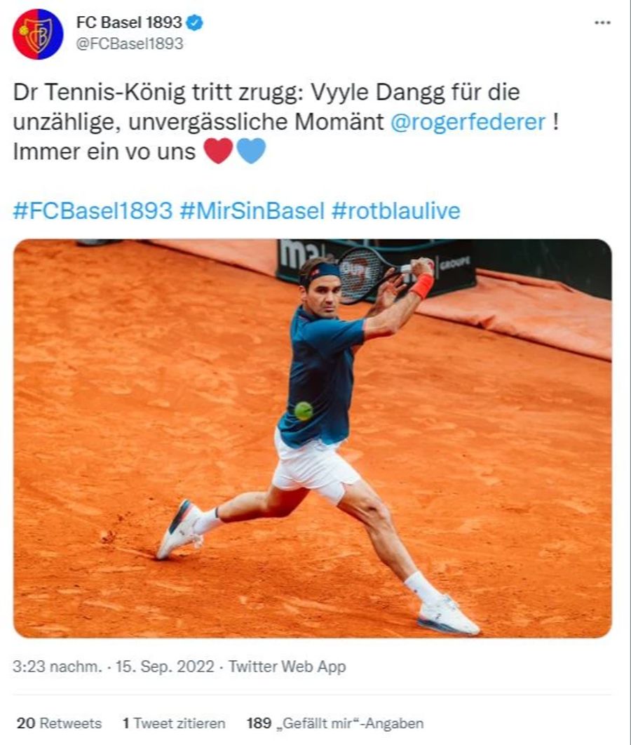 Der FC Basel bedankt sich bei Roger Federer für «die unzähligen, unvergesslichen Momente».