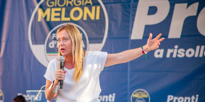 Giorgia Meloni während bei einer Wahlkampfveranstaltung Mailand. Giorgia Meloni während bei einer Wahlkampfveranstaltung Mailand.